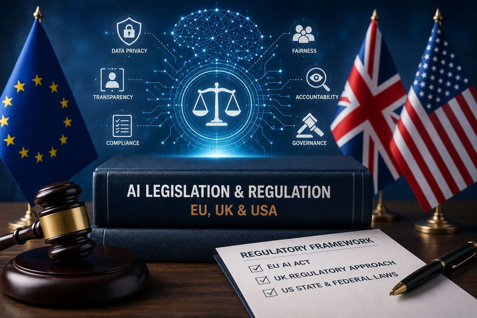 Law book titled 'AI Legislation & Regulation' on a desk with a gavel and a 'Regulatory Framework' checklist, EU and US flags in the background, and holographic icons for privacy, transparency, compliance, accountability, and governance.