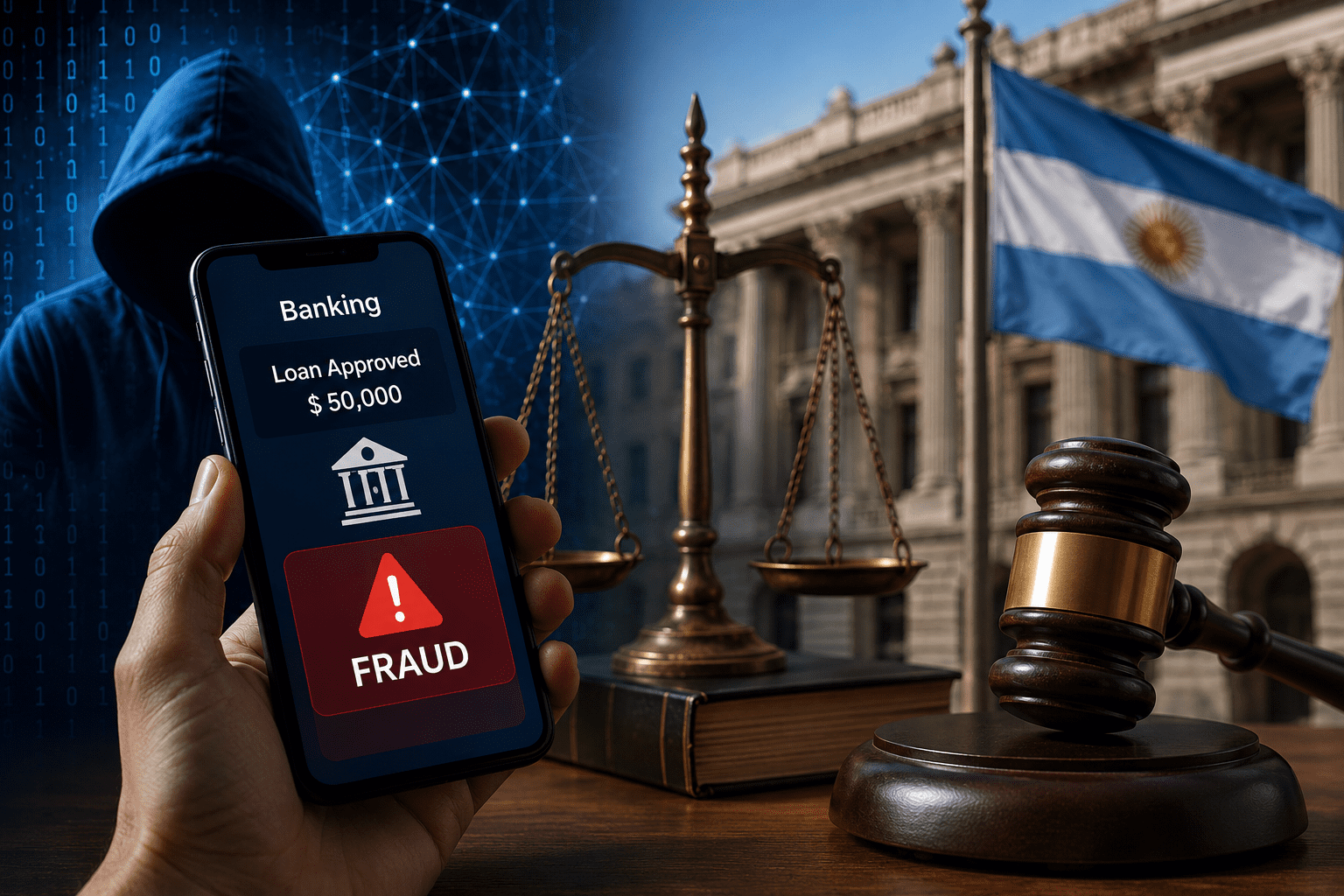 Smartphone displays a fraud alert on a banking app while a judge's gavel and scales sit nearby, with an Argentine flag in the background.
