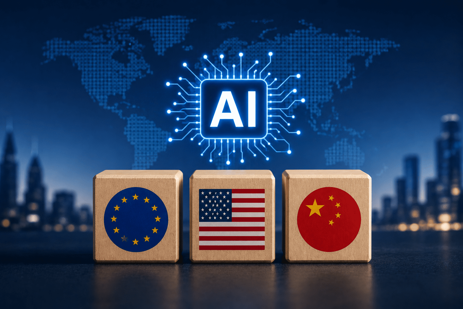 AI chip hovering above three wooden blocks displaying the EU, US, and China flags; conveys global AI collaboration/power balance.