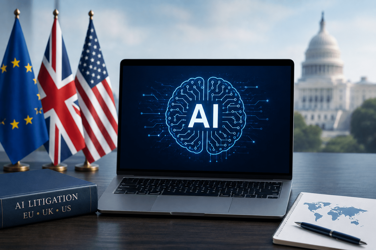 Laptop displaying a glowing AI brain graphic on a dark screen, with EU, UK, and US flags in the background and a government building visible outside the window.