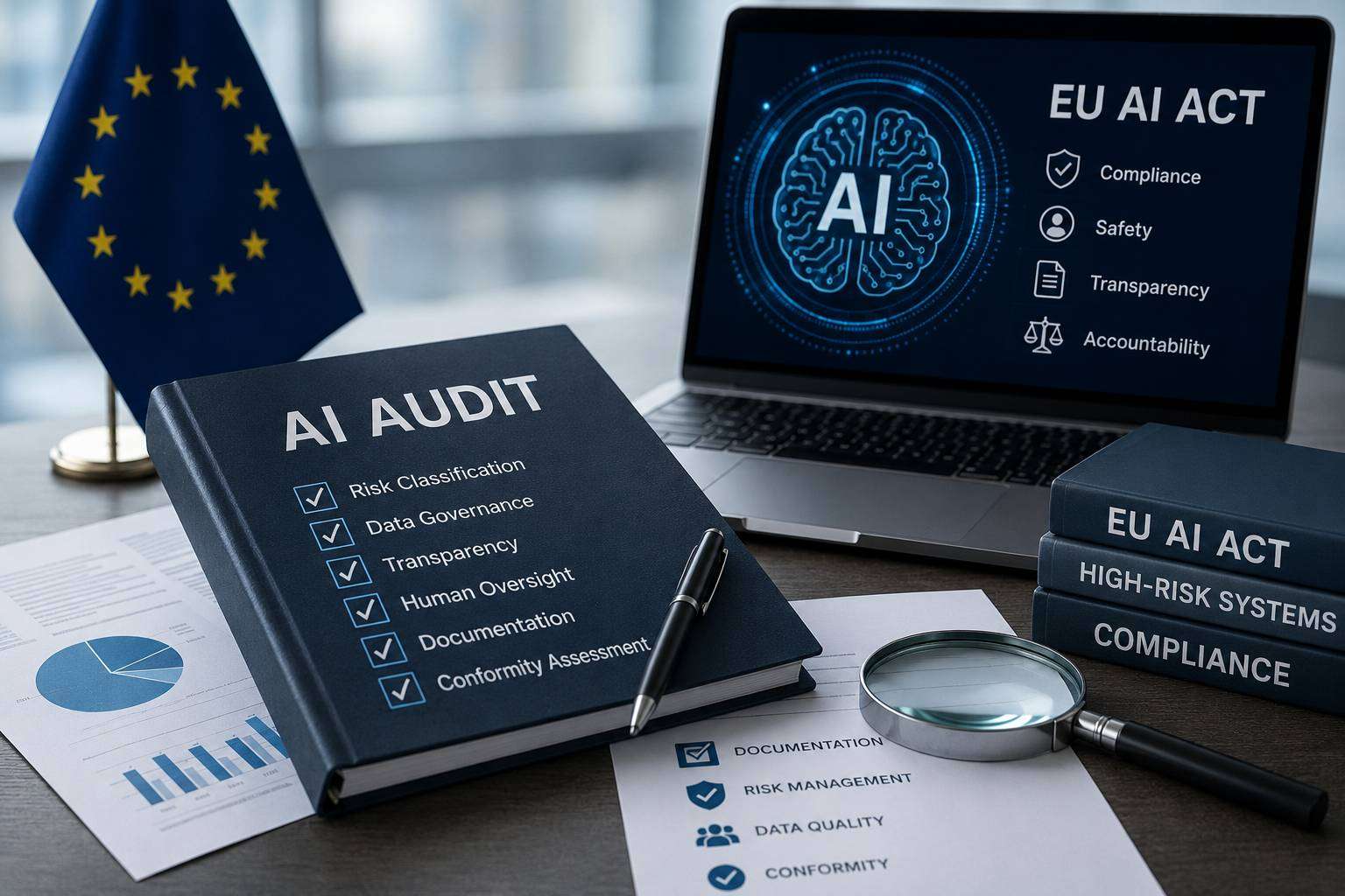Desk scene with an AI AUDIT binder, checklist items with checkmarks, a laptop showing AI and EU AI ACT, and an EU flag in the background.