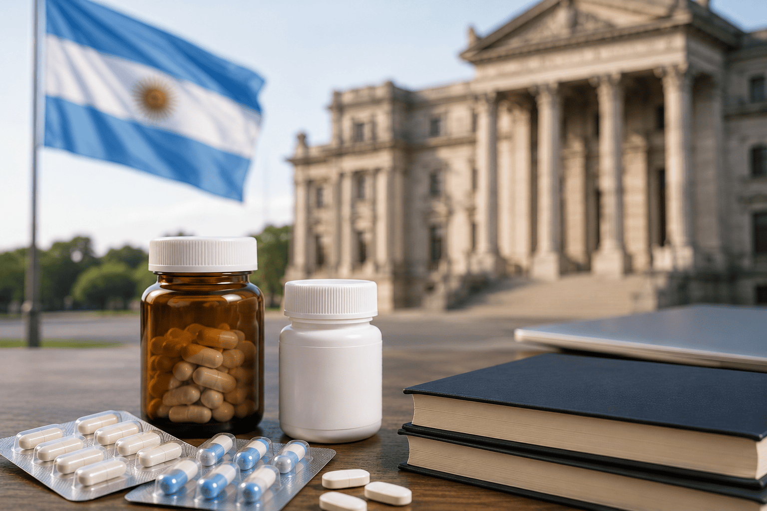 Medicines and blister packs on a desk with an Argentine flag and a grand government building in the background.