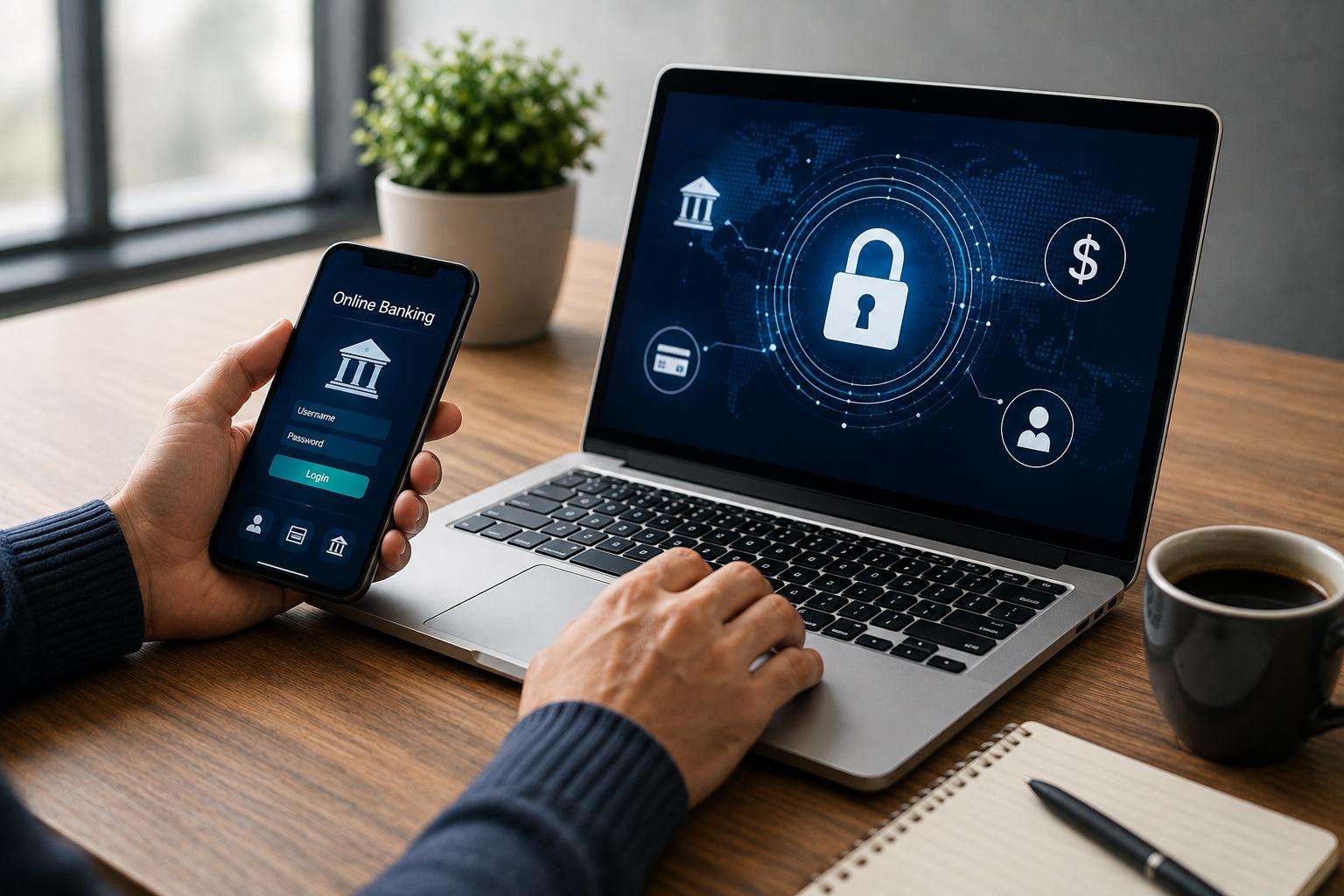 Person holding a smartphone with an online banking login screen beside a laptop displaying a security lock graphic.