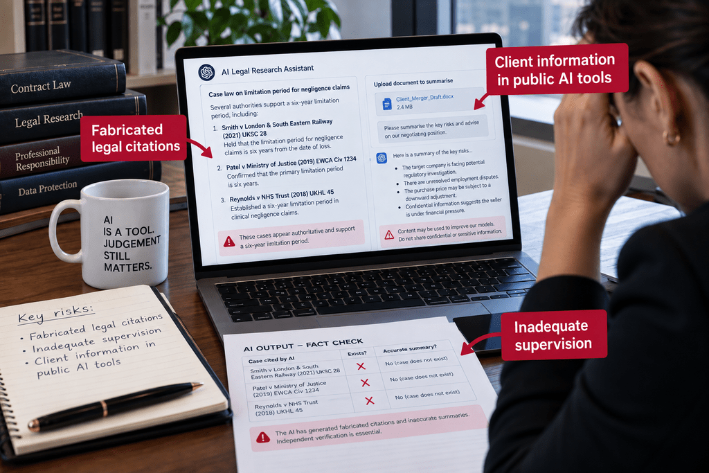 Person at a desk reviewing an AI legal research interface on a laptop, with red callouts warning about fabricated citations and inadequate supervision.