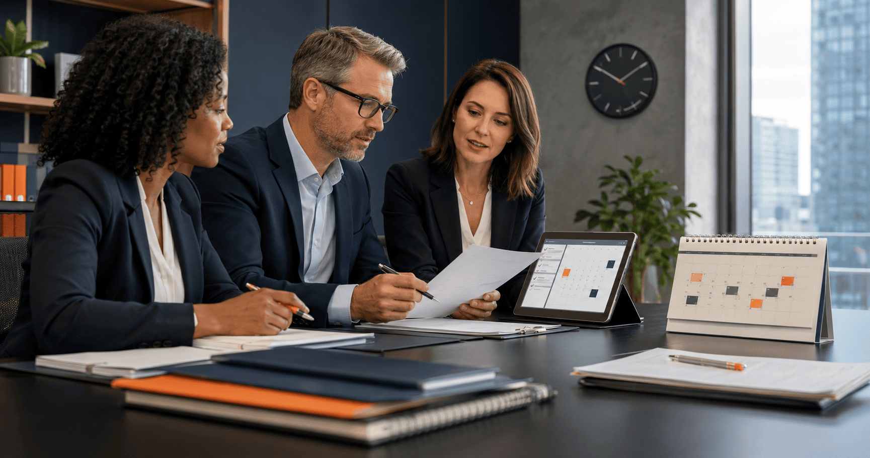 Three professionals in a modern office discuss documents at a conference table, with a tablet and calendars nearby.