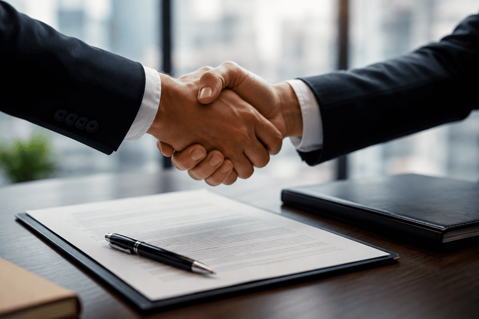 Two businesspeople shake hands over a signed contract on a desk with a pen nearby