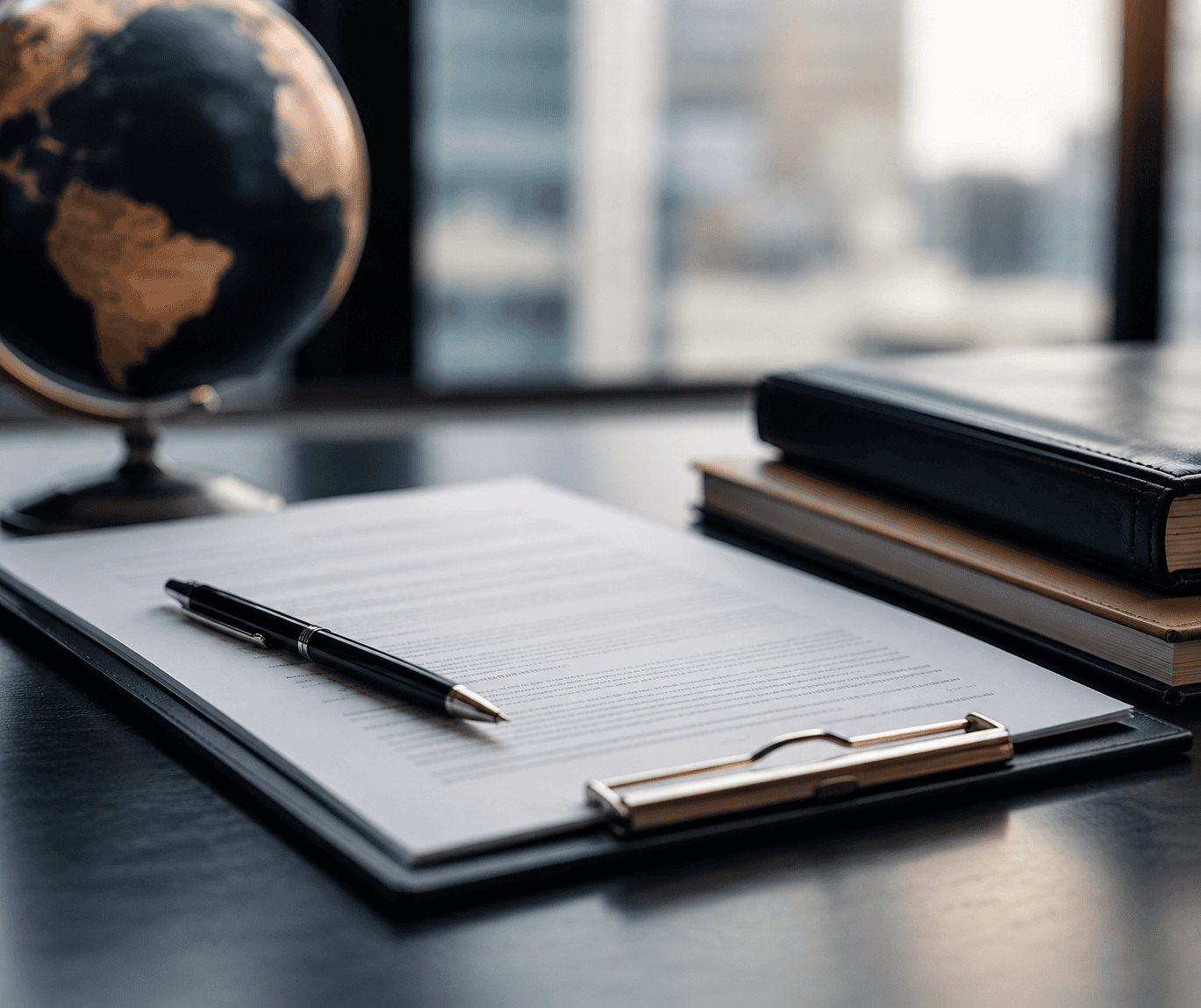Clipboard with a document and a black pen on a dark desk, a globe in the background, and stacked notebooks to the right.