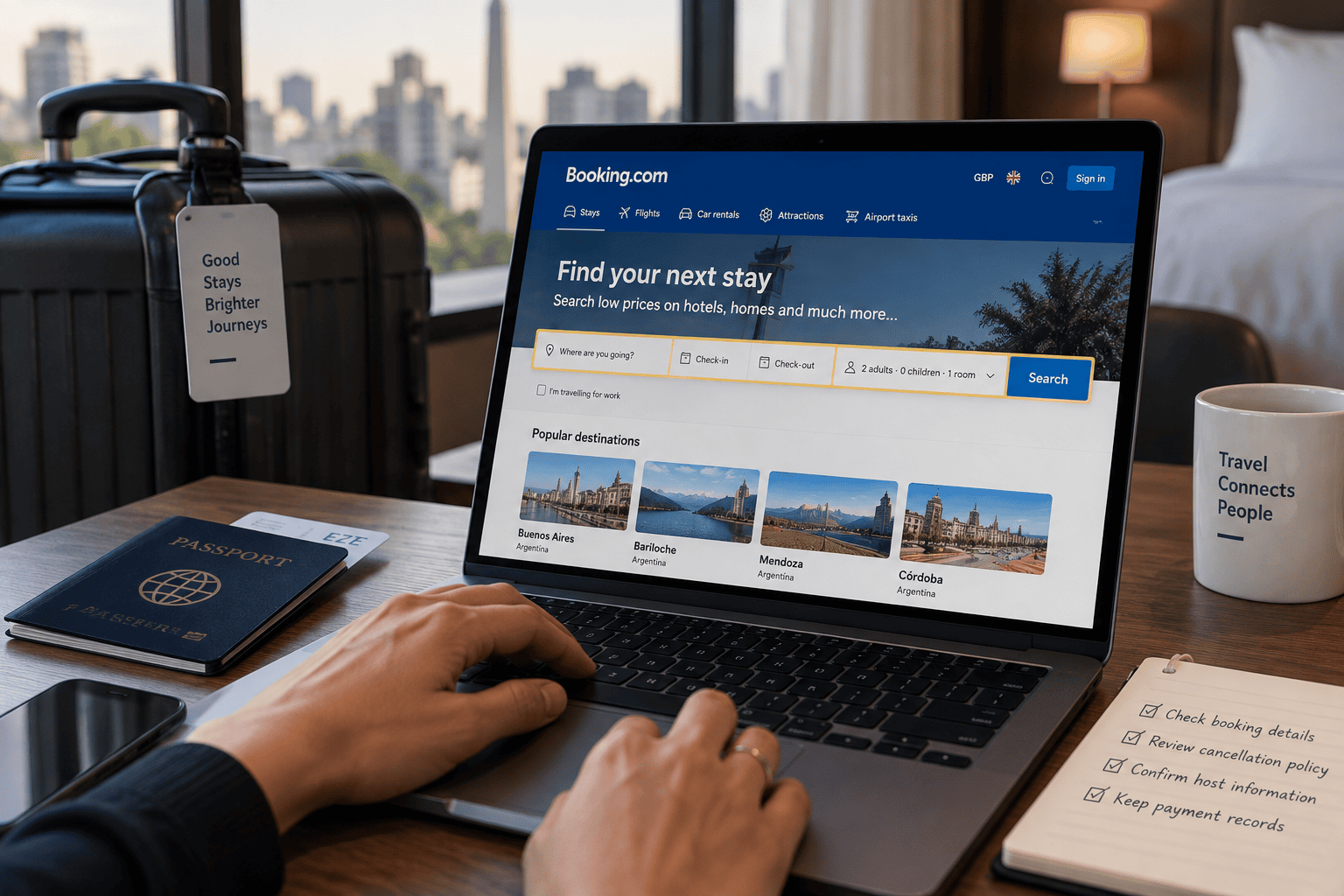 Laptop on a hotel desk showing the Booking.com search page, with a passport, a suitcase with a tag, and a mug that reads 'Travel Connects People' nearby.
