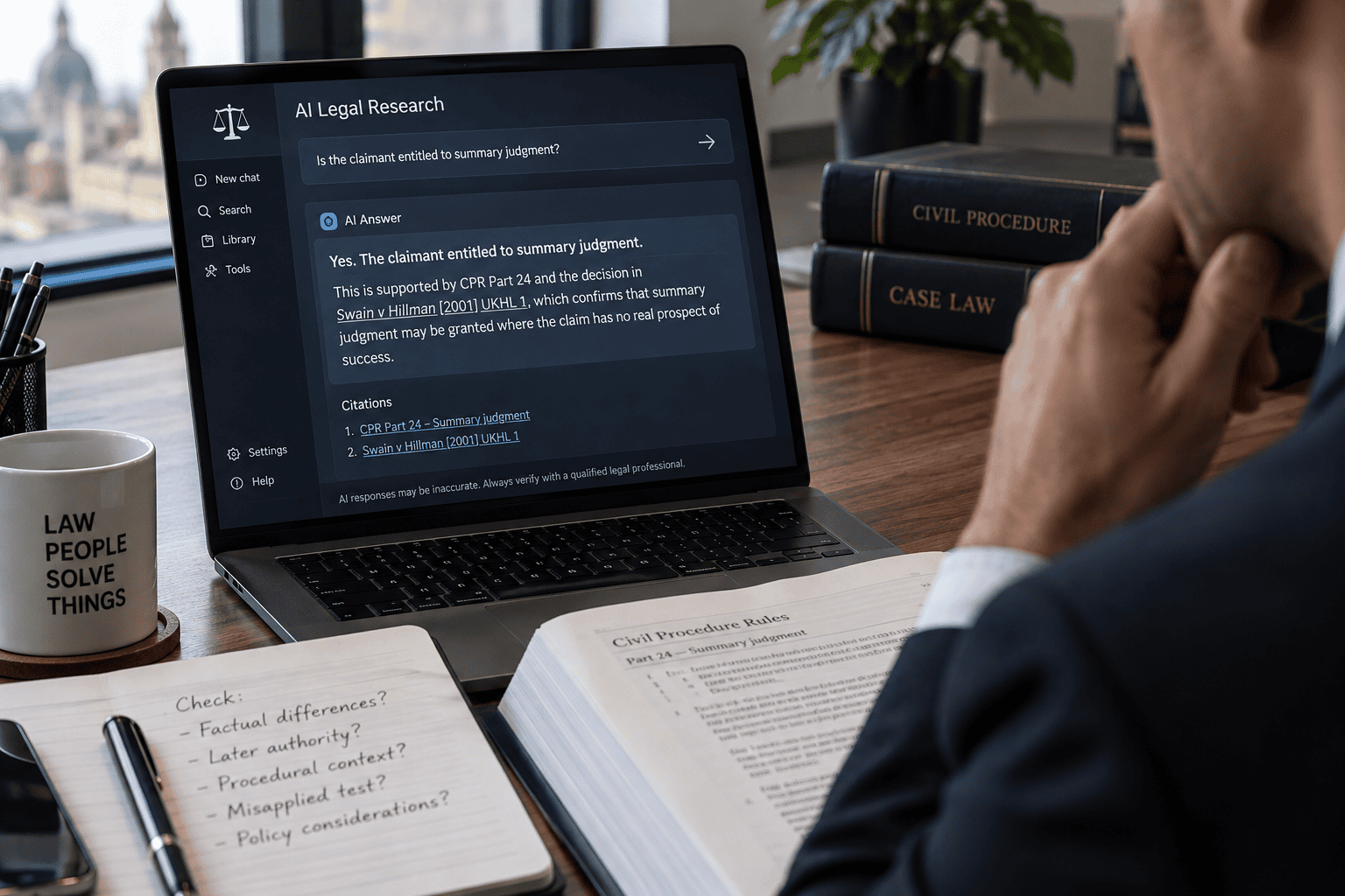 Professional at a desk using a laptop to research law with an AI legal assistant on screen, surrounded by law books and notes.